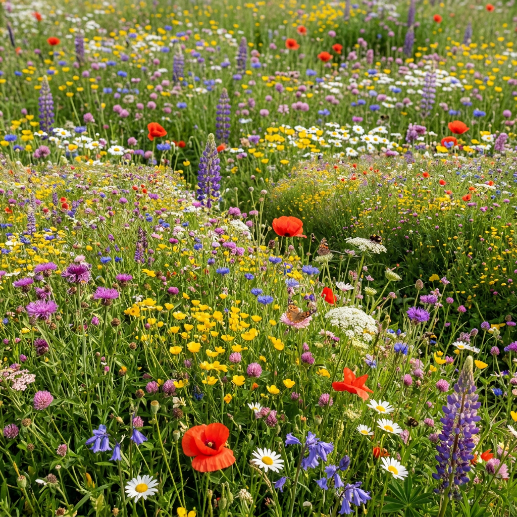 Wildflower meadow with various colorful flowers and a dirt path leading through gently rolling countryside